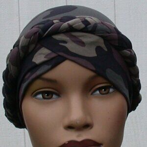 Women's Braided Turban Hat Slip On & Off Headcover Army Green Camouflage